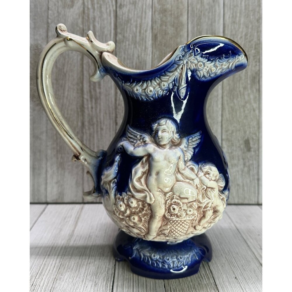 Vtg Colbalt Blue Cherub Porcelain Pitcher Gold Accent Trim Handle Italy 9" Tall